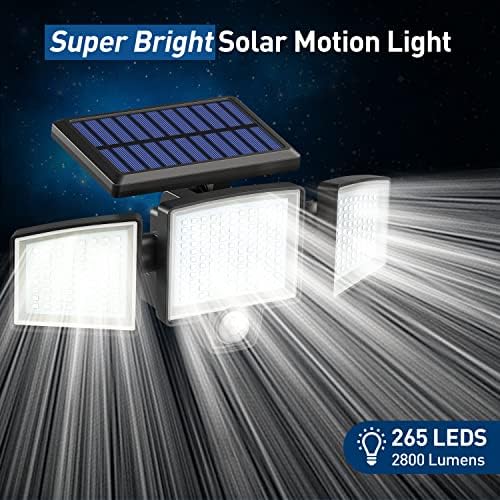 Luzes externas solares atronoras, 265 LED 2800LM LUZES DE SEGURANÇA COM FLUNHÃO COM MOVIMENTO, CONTROLE DE REMOTO, 3 MODOS DE
