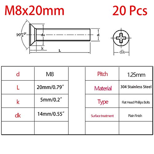 20 PCS M8-1.25x20mm parafusos da máquina de cabeça plana, parafuso cruzado de phillips, acionamento de phillips ， 304