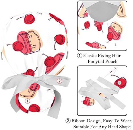 Bolo de trabalho de bolo de cerejeira com botão e banda de suor, 2 pacotes reutilizáveis ​​Cirurgia cirúrgica Chapéus do