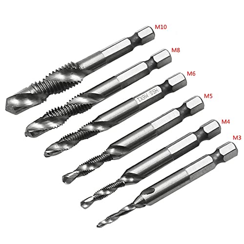 6pcs m3-m10 parafuso de parafuso Bits de broca HSS Taps Contattersink Debur Set Metric Combination Bit 1/4 '' Héx