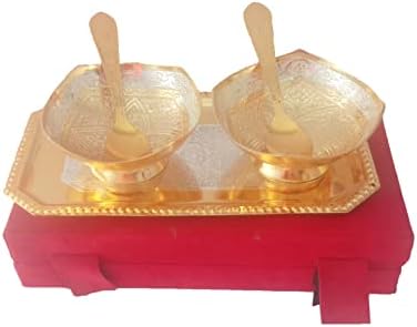 Parijat Handicraft Set of 5 PCs Brass Bowl Platter Bandey com Spoon Design de gravura real indiana com caixa de presente