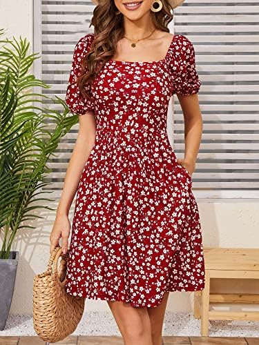 Garberry Women's Summer Square Neck Sundresses de manga curta com bolsos 2023