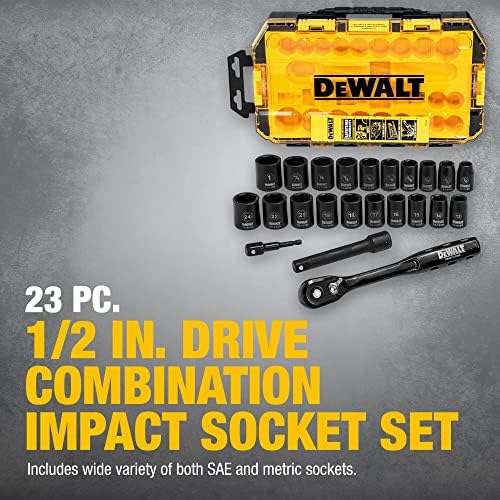 Conjunto de soquete de Dewalt Impact, unidade de 1/2 , para fixadores de SAE e métricas, 23 peças, com tecnologia de retenção compatível