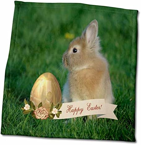 Rabbit de coelho 3drose na grama com ovo de Páscoa com rosas, feliz Páscoa - toalhas