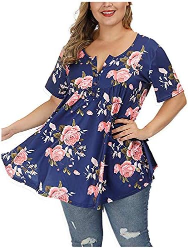 Tops de verão femininos, mulheres plus size mangas curtas henley o pescoço de blusa floral blusa t-shirt camiseta para leggings,