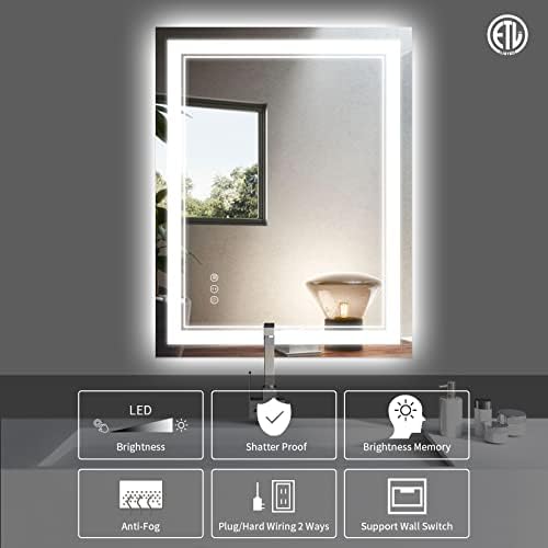 ISTRIPMF Espelho de banheiro de 28x36 polegadas LED com luzes, ilustração dianteira e retroiluminada, espelho de vaidade do