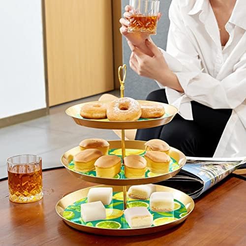 Dragonbtu 3 Cupcake Stand com Rod Gold Rod Plastic Triered Tower Tower Bandeja de verão Padrão de limão Fruta Candy