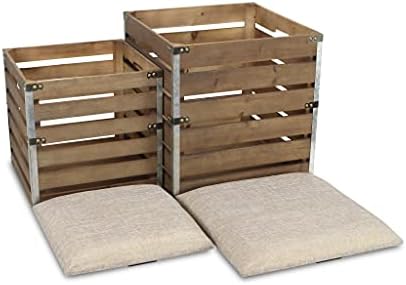 Homeroots Conjunto de 2 quadrados de tecido de linho marrom e bancos de armazenamento de ripas de madeira