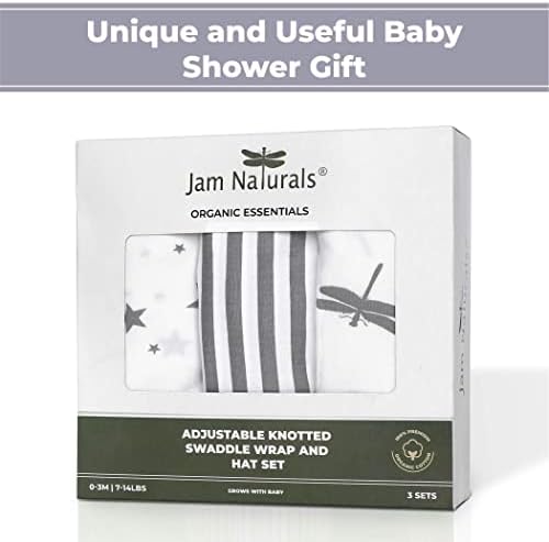 Jam Naturals- Organic Botted Bottom Bottom Swaddle de velcro e chapéu de 3, saco de sono recém-nascido