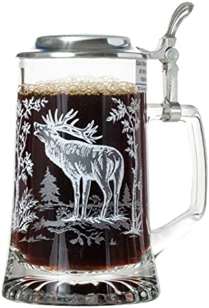 Glass Elk Gravou Design Beer Stein com tampa de metal e elevador de polegar