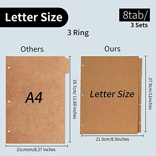 24 folhas Tamanho da carta Kraft Paper Divishers com 8 Tabs 3 Anel Kraft Binder Index Divisores 1/8 Tabs Divisores de fichário de