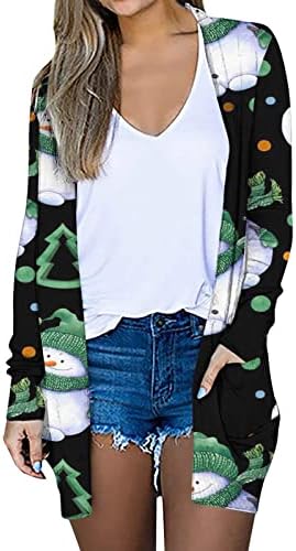 Christmas Womens Manga longa Cardigan Aberto Cardigan Sweathers Outerwear Coast Leves Tops com blusas de bolso