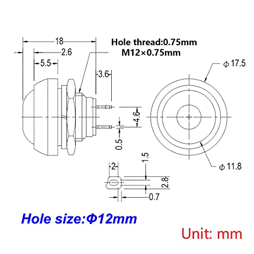 Gebildet 12pcs 12mm Impermeável Push Momentário SPST ON/OFF 3A/3V-5V-9V-12V-24V-230VAC, Botão Roundless Roundless