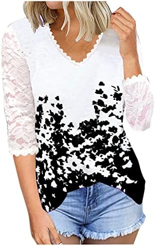 Manga comprida 3/4 roupas de manga Treneling Lace v pescoço gráfico Capri Blouse Tshirt Para mulheres Top Summer Fall Mulheres 6y