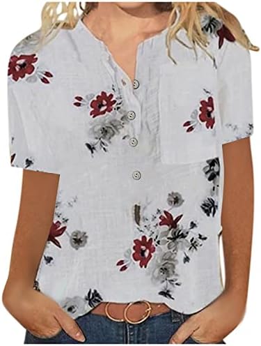 Botão casual feminino camisetas dianteiras Blusa estampada no pescoço redondo camisetas de manga curta com bolso