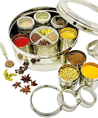 Spice Dabba Aço inoxidável Caixa de especiarias indianas, aço masala dabba 12 especiarias, caixa de especiarias, especiarias