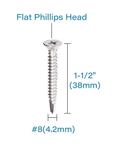 8 x 1-1/2 Cabeça plana Phillips Phillips parafusos de perfuração Aço inoxidável 410 Folha totalmente rosqueada Metal tek de madeira