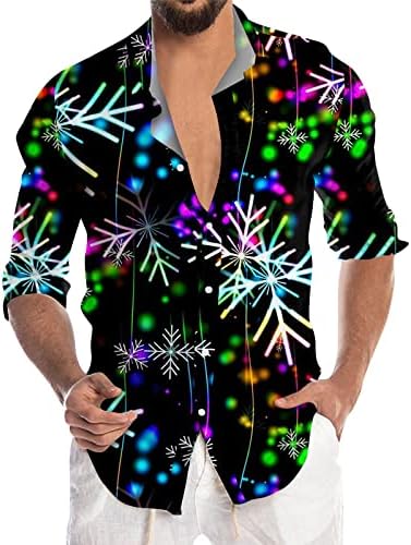 XXBR Christmas Casual Button Down Camisetas Para homens de colarinho comprido colarinho Novo tops de Xmas Snowflake Print Party Camisa
