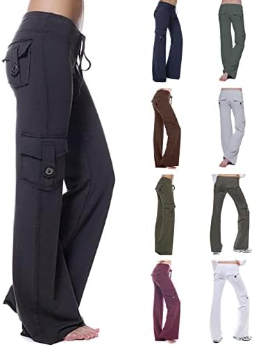 Calça de ioga de alta cintura de cintura calças de treino de pernas largas com bolsos soltos calças de cordão confortável com