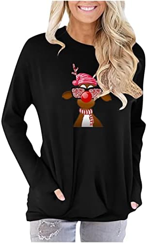 Camisas de Natal para mulheres fofas de elk tampa longa de manga longa Pullover Casual Crew Neck Camise