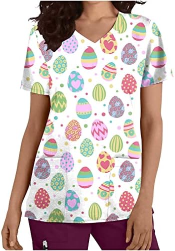 Blusa das meninas adolescentes estampas florais tampas de manga curta V Spandex de pescoço Scrub Scrub Happy Easter