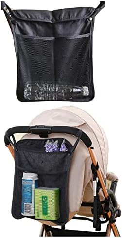 Organizador de bolsa de carrinho preto com dois bolsos de armazenamento bolso de malha dianteira para garrafas pano de bebê nappy
