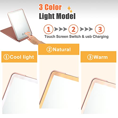 Vocoste Pink Gold Tone Mirror Travel, com espelho de ampliação de 10x, com modos de luz portáteis de 3 cores, recarregável