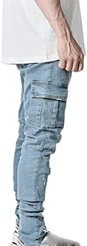 Calça de jeans de carga para homens, calças de moletom retro angustiadas com bolso lateral com jeans com zíper de ginástica