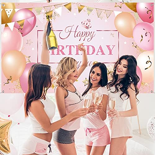 Feliz Aniversário Banner Grande Rosa e Gold Birthday Bordarld Stars Balões Golden Glitter Feliz Aniversário Banner Banner