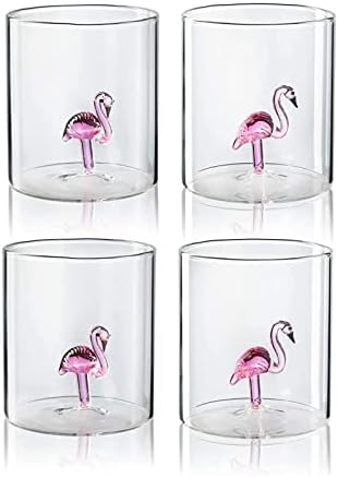 A jarra de flamingo ou 4 copos de vinho e 4 copos de decanter com 4 copos de flamingo rosa 9 onças de vidro elegante,