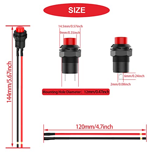 Mkbklljy 18pcs interruptor de auto-bloqueio de 12 mm Mini Push Butching Push On Off Off AC 250V/1.5A 125V/3A com fios pré-conectados,