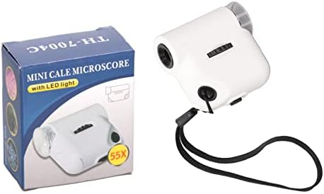 Mini microscópio de moeda, mini -microscópio, microscópio de tamanho de bolso de lente acrílica 55x com luz LED para