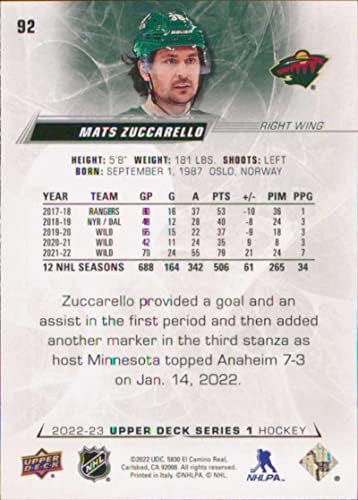 2022-23 Deck superior 92 Mats Zuccarello Minnesota Wild Series 1 NHL Hockey Trading Card