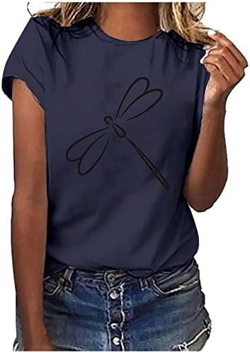 Camista gráfica fofa feminina Manga curta Crew pescoço Dragonfly Imprimir camisetas de verão casuais