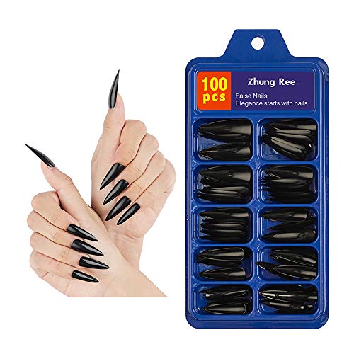 Pressione mais longa em unhas estiletto unhas falsas, 100pcs preto acrílico nítido unhas falsas com estojo para meninas de salão