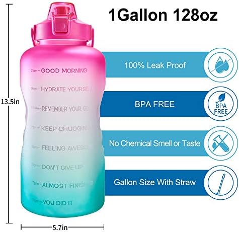 Garrafa de água de galão à prova de vazamentos e EYQ 128 onças com palha e alça removível, BPA bebendo grande jarro