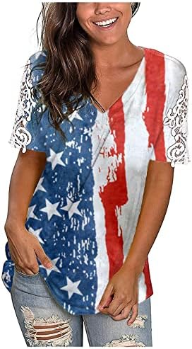 Dia da Independência das Mulheres V Camisetas Americanas Impressão da Bandeira Americana Manga Curta Causal Summer