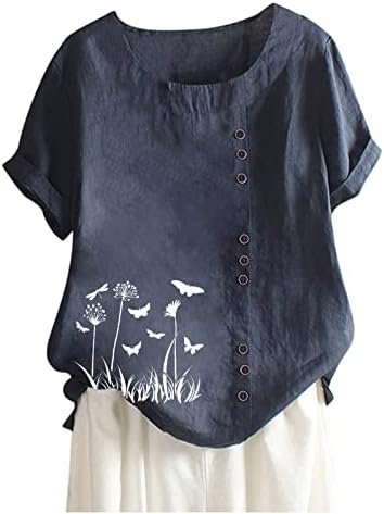 Camisas de linho de tuianres para mulheres Casual Casual Casual Verão Blusa de linho de linho de linho solto Camista do pescoço