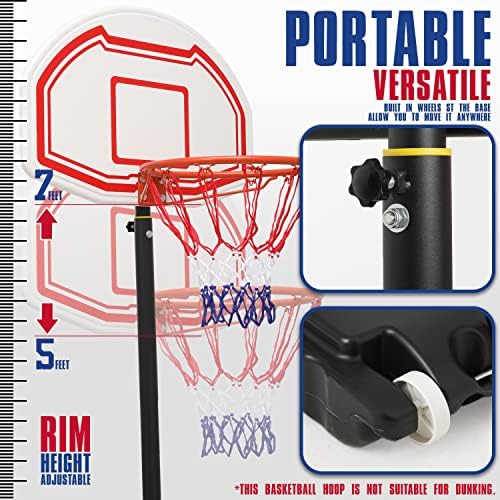 Monibloom Portable Basketball Hoop Goal 5 pés- 7 pés de altura ajustável com rodas de backboard de 33 polegadas Base preenchível,