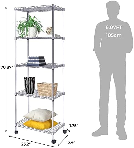 JS Prateleiras de arame de cabide com rodas, altura pesada de 5 camadas prateleiras de metal ajustáveis ​​para armazenamento,