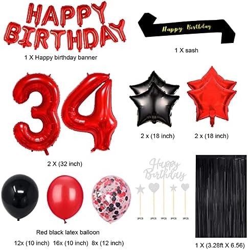 FancyPartyShop 34º aniversário decorações de festas suprimentos vermelhos pretos mais tarde balões de feliz aniversário