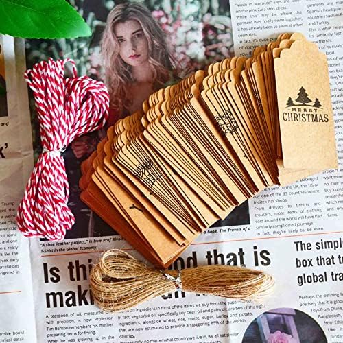 Happylain Brown Kraft Paper Tags de presente de Natal - 100 Pack 10 Designs Xmas Brown Kraft Gift Tags com barbante de juta Babil