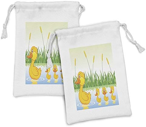 Conjunto de bolsas de tecido de desenho animado lunarable de 2, silhuetas de família de patos em um lago, saco de cordão