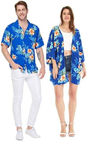 Casal correspondente a camisa luau havaiana ou quimono em hibiscus azul