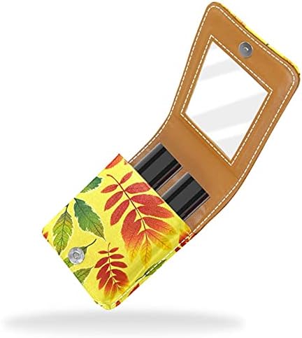 Caixa de batom de folhas naturais de outono para viajar para fora, mini bolsa cosmética de couro macio com espelho, saco de organizador