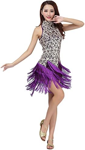 Abafip Women Glitter Tassel Tassel Latin Dance Dress 20s Fringe Fringe Keyhole Salsa Chacha Tango Mini Vestido de