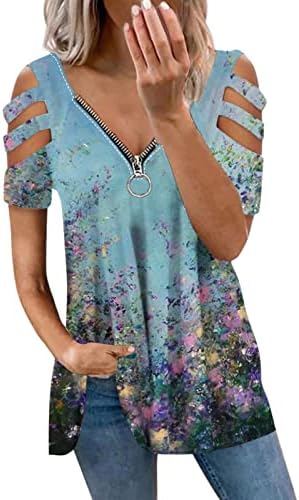 Lcepcy Cold ombros tops para mulheres zip V túnicas de pescoço Floral Cutout Princip