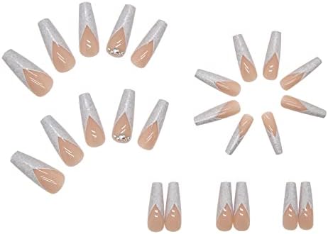 2Pack Pink Ballerina Fake Nails Pressione no caixão com dicas de unhas falsas de brilho prateado para mulheres e meninas
