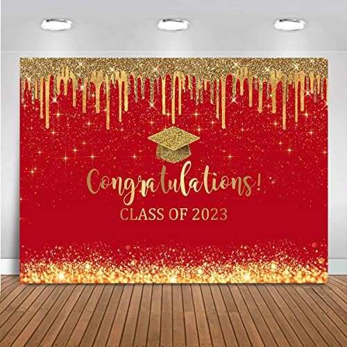 Mocsicka Red e Gold Graduação cenário Parabéns Classe de 2023 Antecedentes de fotografia Vinil 2023 Decorações de