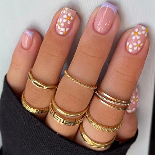 French White Floral Press em unhas Falsas unhas acrílico unhas falsas borda roxa Primer rosa unhas brilhantes quadradas curtas unhas